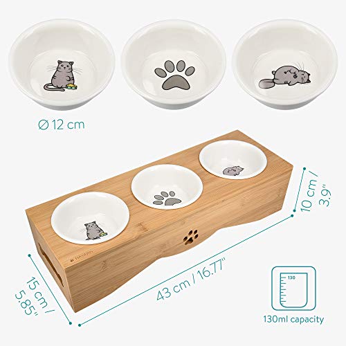 Navaris Cat Bowls With Stand - Elevated Triple Feeder For Cats - Ceramic Pet Bowl Dishes 3-Pcs Set With Printed Designs And Raised Bamboo Wood Holder #TOP5