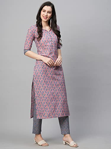 Image of GoSriKi Women's Cotton Blend Printed Straight Kurta With Pant