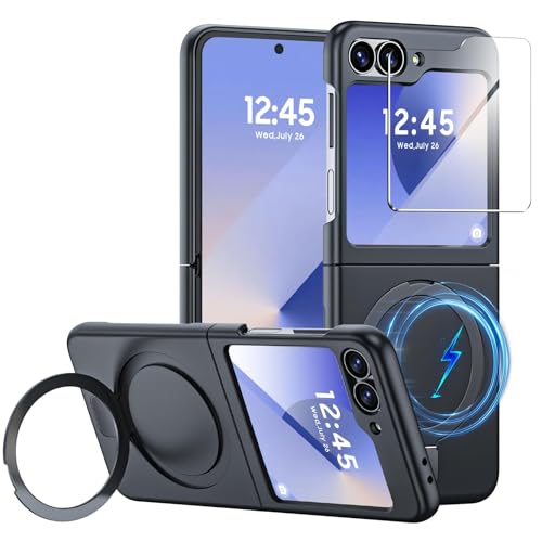 GooseBox for Samsung Galaxy Z Flip 6 Case with Magnetic Power & Kickstand & Screen Protection, Flip z 6 Slim HD Clearly Case Ultra-Thin(Black)