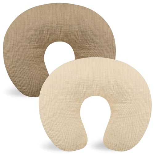 Image of Hooyax Muslin Nursing Pillow Covers 2 Pack, Soft and Breathable Nursing Covers for Breastfeeding Pillows, Adorable Infant Feeding Pillow Slipcover for Baby Boy and Girls (Brown Wheat)