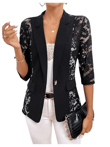 WDIRARA Women's Contrast Lace Waistcoat Single Button Open Front Lapel Neck Sheer Vest Blazer3