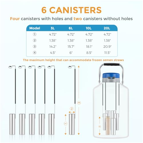 Image of Bonvoisin 6L Liquid Nitrogen Container, LN2 Tank Cryogenic Dewar, Aluminum Alloy Semen Tank with 6 Canisters Carry Bag