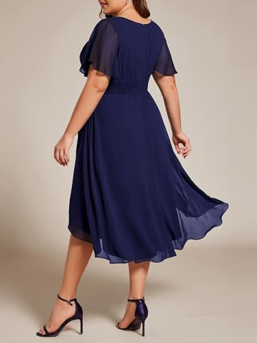 Image of Ever-Pretty Women's Plus Size Formal Wedding Guest Dresses for Curvy Women A Line Chiffon Midi High Low Cocktail Dress