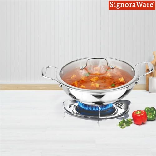 Image of Signoraware Artista Tri Ply Stainless Steel Shallow Kadhai 30cm with Glass Lid | Induction & Gas Compatible | Durable | Ideal for Stir Frying & Sauteing | Best for Curry & Gravies (5.5 LTR | Steel)