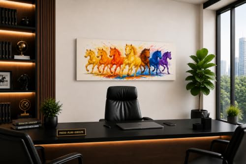 Image of 7 Horse Vastu Sunrise Canvas Painting | Positive Energy Wall Decor | Big Size Premium Running Horses Artwork for Home, Office & Hall Decoration (Modern, Yellow Horse, 44x20 Inch)