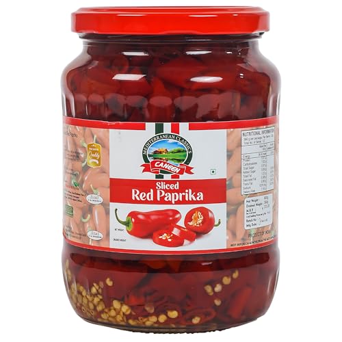 Image of CANEEN Sliced Red Paprika in Jar - 100% Vegan, Ready-to-Eat, Fiber-Rich - Ideal Topping for Pizza, Pasta, Burgers, Snacks & Salads 680g (Pack of 1)