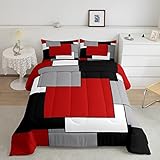 Erosebridal Red Grey Black White Comforter Set for Women Men,3D Modern Square Bedding Set Queen,Geometric Quilt Set,Square Grid Patchwork Down Comforter with 2 Pillowcases Ultra Soft