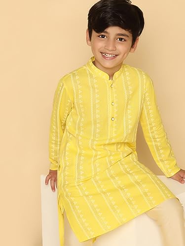 Image of KISAH Kid's Full Sleeves Cotton Blend Knee Length Printed Peach Kurta Elastic Dhoti Set for Men