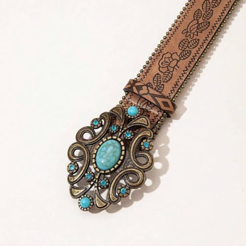 Vintage Women's Belt Blue Rhinestone Buckle Beads Chain PU Belts Ethnic Waist Accessories for Dress Jeans Blouse Coat Tshirt, Brown2