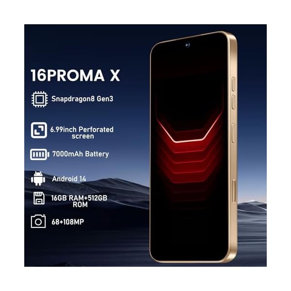 16PROMAX Unlocked Phone | 16+512GB Smartphone | Cell Phone Android 14.0 | Long Battery Life 7000mAh | 6.99" HD Display | 68+108MP Zoom Camera | with Dual SIM | Fingerprint Lock | Face ID (Gold) - Image 3