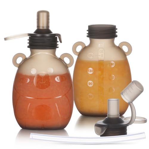 Image of haakaa Happii Bear Reusable Pouches for Baby Food,Refillable Pouches for Toddlers, Reusable Squeeze Pouches for Kids,for Fruit Puree,Yogurt,Smoothies...2 Pack 6 oz/170ml, 6 Months+