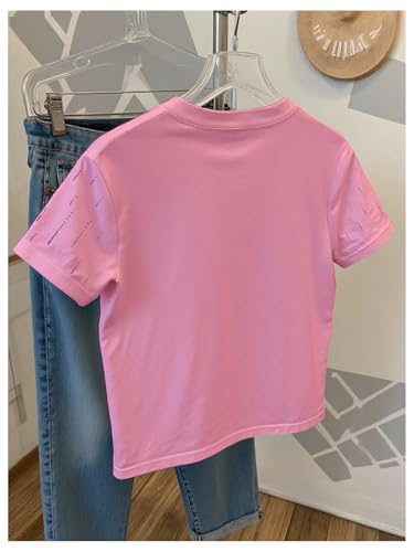 Image of RoseSeek Women's Beaded Sequin Tops Bowknot Bow T Shirt Short Sleeve Crewneck Trendy Tee Top Y2k Tops