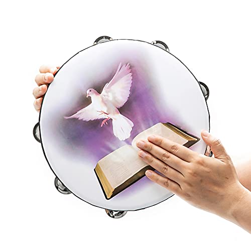 Tambourine 10 inch Dove Bible Double Row Jingle Tambourine for Adults,Handbell Clap Drum Tambourines for Pray Church Party Musical Instrument (10 inch Dove)