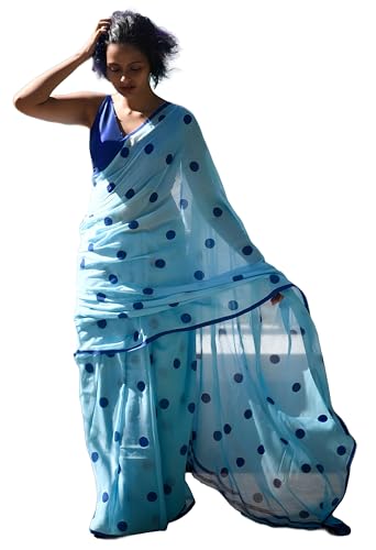 Image of Sidhidata Women's Polka Dot Printed Linen Cotton Saree With Unstitched Blouse Piece (Laddu Free Size)