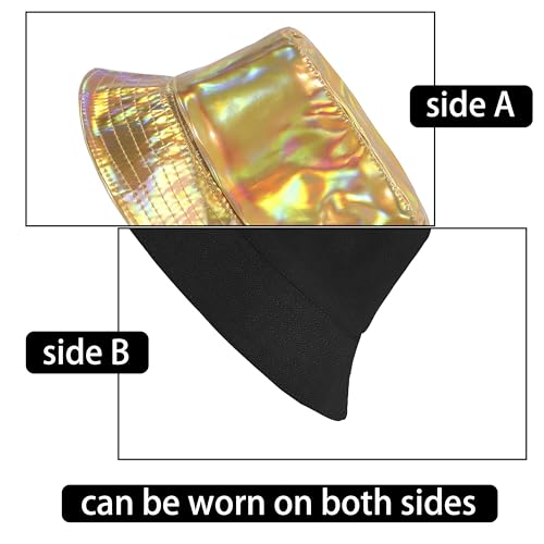 Image of Unisex Black Bucket Hat Waterproof Rain Hat Reversible Shiny Rave Bucket Hat for Concert Festival