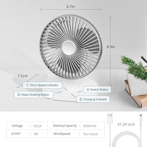 Image of TEKCOOL 4000mAh Rechargeable Desk Fan, Portable Table Fan,USB Fan, USB Battery Powered Quiet Personal Fan,4 Speed for Home Office Travel(Silver)