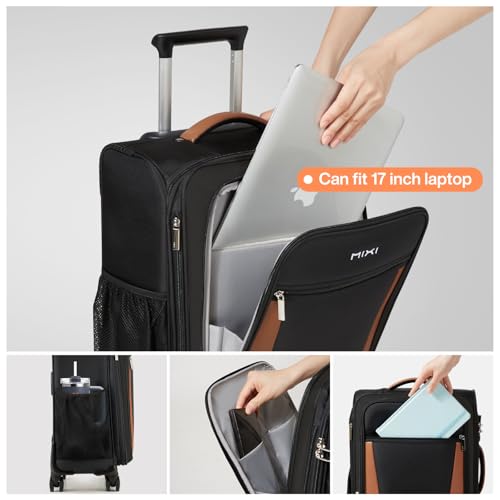 mixi Carry On Luggage 20 Inch Softside Expandable Suitcase with Front Pocket, 22x14x9 Airline Approved Rolling Lightweight Travel Suitcases with Wheels & TSA (Black) by mixi - Used condition - Image 4