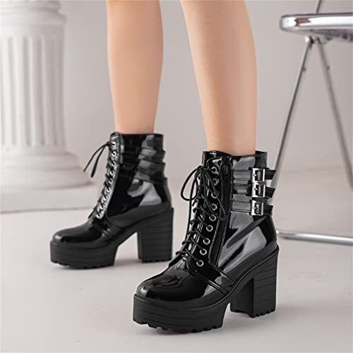 MFairy Womens Fashion Platform Chunky Heel Patent Leather Boots Buckled Ankle High Booties4