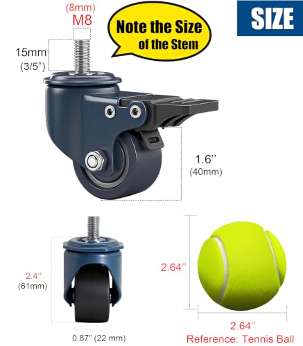 1.6 Inch M8 Stem Caster Wheels, Metric M8-1.25 Threaded Stem Casters Set of 4 Heavy Duty 450LBS Load, Locking Brake Swivel Small Castor Wheels for Furniture Carts Wire Shelving Workbench