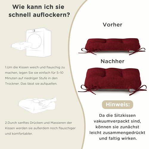 AddGrace 4er Set Stuhlkissen 46x44 cm Sitzkissen für Esszimmerstühle mit Bändern rutschfeste Sitzkissen für Küchenstühle Bequem Stuhlkissen für Haus (46x44x8 cm Burgunderrot)