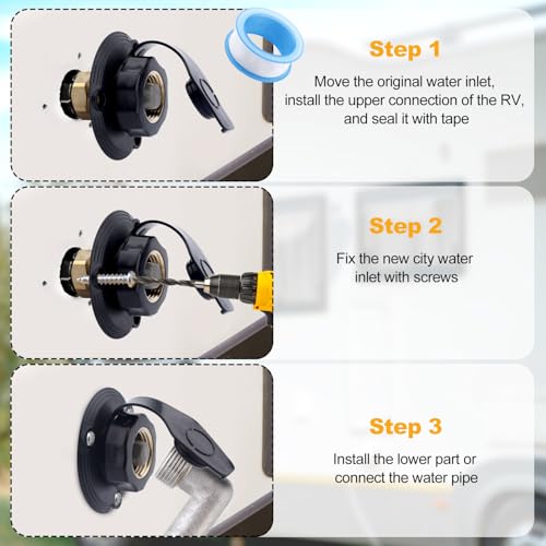 Image of RV City Water Inlet, 3 /4 NH Female to 1 /2 NPT Male RV Hose Connector Fresh Water Fill Inlet Connection Flange with Check Valve Dust Cover Ideal Camper Motorhome Marine Trailer Replacement Accessories