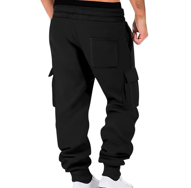 Men's Fleece Lined Cargo Pants Athletic Workout Drawstring Elastic Waist Joggers Pants with Multi-Pockets2