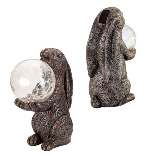 Garden Mile Rabbit Ornament with Crystal Ball Solar Power Garden Pond Light Hand Painted Hare Poly Resin Tarnished Bronze Effect Garden Statue Ornament Outdoor Patio and Pond Lighting