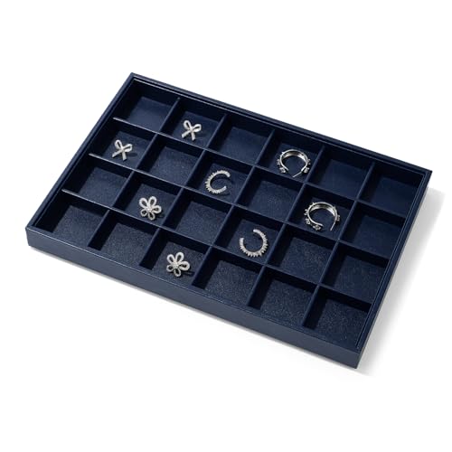 Blue Leather Jewelry Tray Earring Organizer Tray 24 Girds Jewelry Display Tray Ring Earrings Holder Trays Jewelry Drawer Organizer for Ring Earrings Storage Display