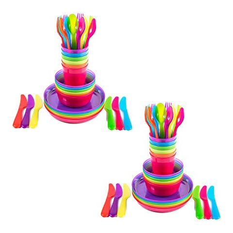 Cuddly Hippo Kids Plastic Dinnerware Set of 72 Multi Color Pieces (Plates, Bowls, Cups and Flatware) - Reusable, BPA-Free, Dishwasher Safe and Microwaveable Cover
