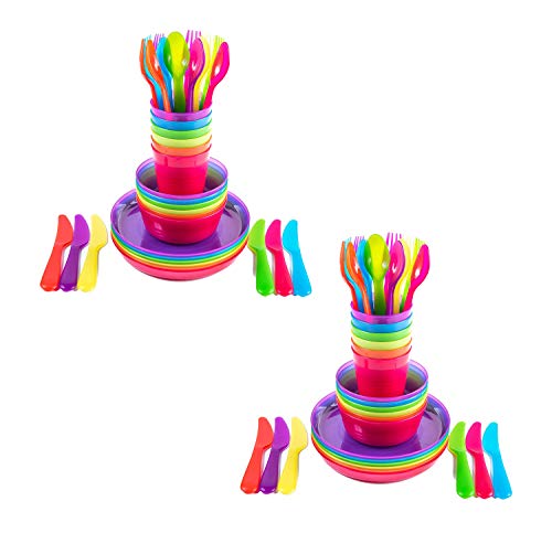 Cuddly Hippo Kids Plastic Dinnerware Set of 72 Multi Color Pieces (Plates, Bowls, Cups and Flatware) - Reusable, BPA-Free, Dishwasher Safe and Microwaveable