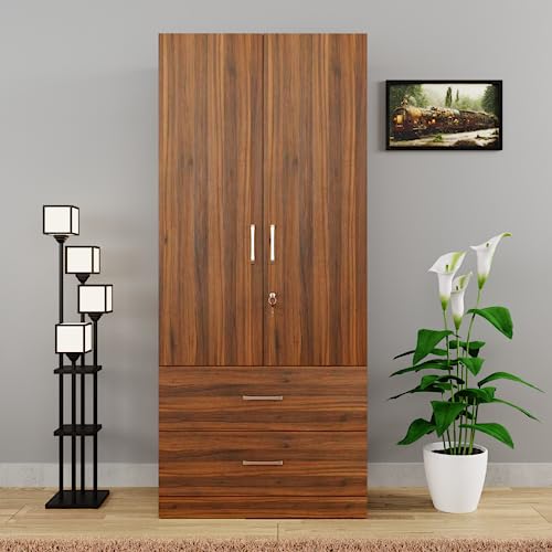 Image of VIKI Wardrobe | Wooden Almirah for Clothes,Door for Bedroom, 2 Door Wardrobe with Drawer & Hanging Space (Brussel Walnut - 40D x 80W x 180H) | 1 Year Warranty | Free Assembly
