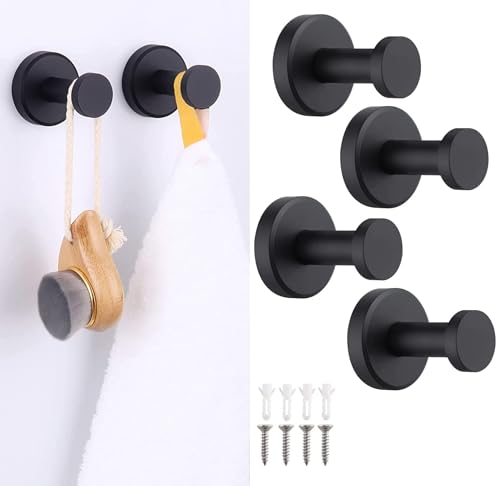 DINGFENG Kleiderhaken Wand Schwarz 4er Set Edelstahl Matt -Wandhaken Zum Schrauben, Schwerlast Haken für Bad & Flur | Garderobenhaken Rostfrei | Handtuchhalter Küche | Max. 20kg Tragkraft
