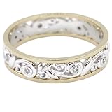 SilverDia 0.30 Ct Round Diamond Two Tone Vintage Style Rustic Vine Leaf Scroll Pattern Foliage Wedding Band 14K Gold Plated Victorian Filigree Jewelry 925 Sterling Silver Handmade Proposal Band