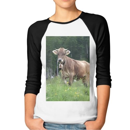 Chemises raglan à manches 3/4 pour femme Real Swiss Cow t-shirt décontracté en marron
