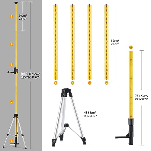 Firecore 12 Ft./3.7M Professional Telescoping Pole with Tripod and 1/4-Inch by 20-Inch Laser Mount for Rotary and Line Lasers, Adjustable Laser Mounting Pole with 5/8"-11 Threaded Adapter