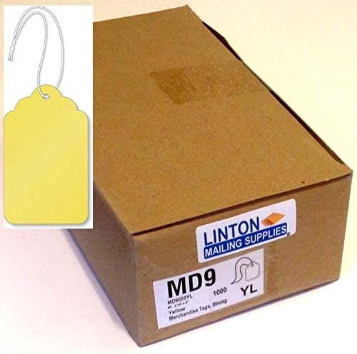 #9 Merchandise Tag (3.25" x 2/3-1/4" x 2"), Yellow 12-Pt. Cardstock, Scalloped Top w Hole, 4" Knotted String Attached - Box of 1,000 Tags