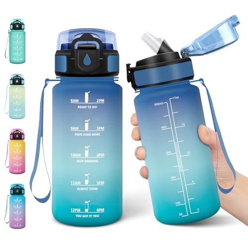 Motswedi Gourde Enfant, 500 ml Anti-Fuite, Gourde Paille, avec Marqueur de Temps, Bouteille d'eau, Poignée de Transport, Bouteille avec Paille, pour L’école, Sport, Yoga, Bleu Vert