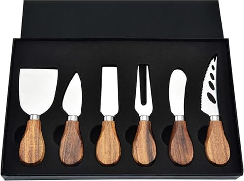 PBXZET Set of 6 Cheese Knife Set, Cheese Knives Cheese Knife Set Wooden Handle Stainless Steel Cheese Slicer Fork Spreader Cheese Tool for Cheese Butter Pizza Cake