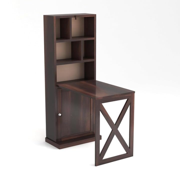 Image of SUNCOM Solid Sheesham Wood Foldable Study Table with Book Shelf - Wooden Study Table for Students StudyTable with Storage Computer Table for Home (Walnut)