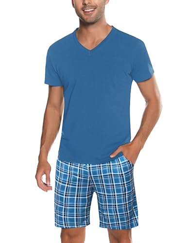 Bresdk Schlafanzug Herren Pyjama Kurz Bequeme Nachtwäsche für Herren in Übergrößen Kobaltblau 3XL