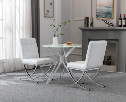 Cimota Modern White Dining Chairs Set Of 2 Upholstered Tufted Leather Dining Room Chairs Kitchen Chairs Comfy Armless Side Chairs With Chrome Metal X Legs For Dining Room/Living Room, Pu White/2Pcs #TOP5