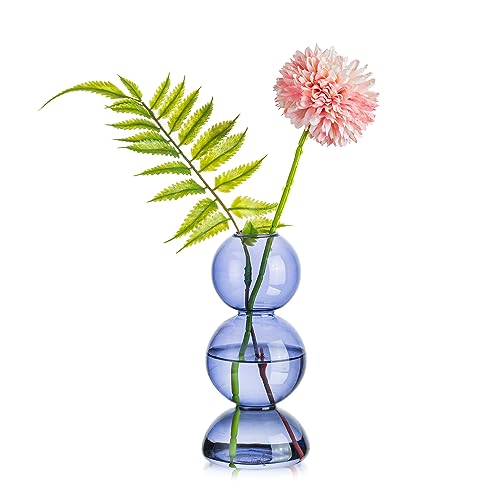 Glasseam Jarrón de burbujas de cristal, bonitos jarrones de color azul claro para flores, jarrones pequeños únicos para centros de mesa, jarrón decorativo estético de bola, jarrón redondo moderno para