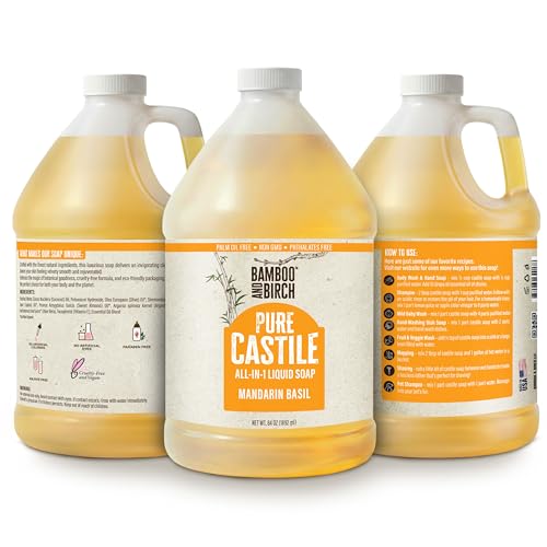 Image of BAMBOO AND BIRCH Pure Castile Soap Liquid, Certified Palm Oil Free Natural Soap, Mandarin Basil, 64 oz