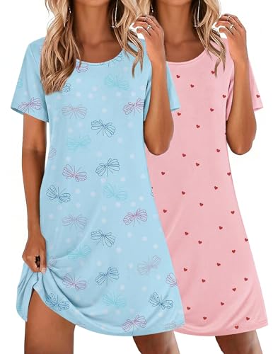 Image of Ekouaer 2 Pack Nightgowns for Women Sleepshirt Short Sleeve Night Shirts