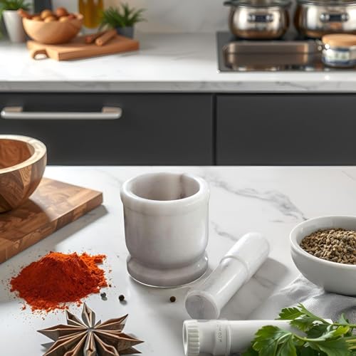 Image of SAUDEEP INDIA White Marble Granite Imam Dasta Mortar Pestle Set | 10x10 cm Ohkli Musal Khalbatta Kharal for Kitchen | Heavy Duty Hand Grinder for Spices Herbs Masala Crushing Grinding Decor