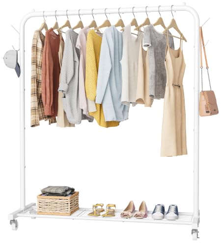 Clothes Rail Heavy Duty Metal Clothes Rack for Bedroom on Wheels White