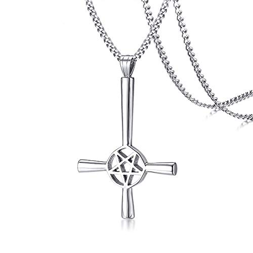 Collar de cruz invertida con pentagrama en acero negro para joyeria gotica