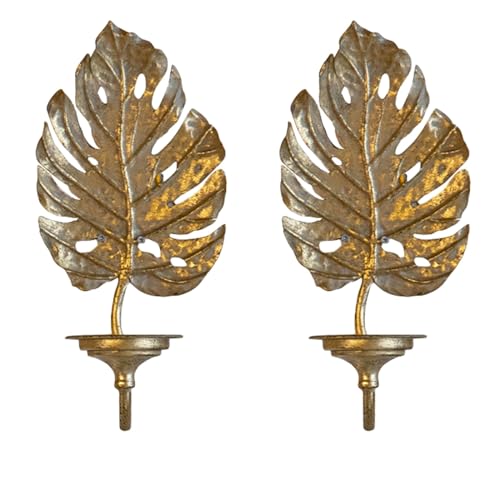 Heimvita 2 candelabros de pared de metal dorado, portavelas de hoja para velas de pilar, para decoración de comedor y sala de estar (oro 3)