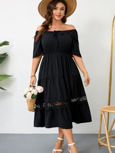 Image of RWJ Women's Plus Size Maxi Dress Short Sleeve Square Neck Flowy A-Line Lace Trim Flutter Party Casual Off Shoulder Dresses