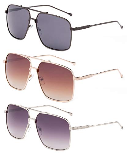 Newbee Fashion 3 Pack Metal Rim Square Aviator Sunglasses for Men for Women